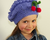 Girl's Hand Crochet Purple Lavender Hat with Cherry  - Baby, Todler, Child, made by PrincesaAnastasia