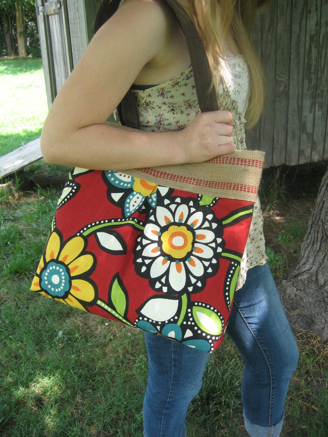 Red Floral A Line Pleated Handbag Purse Tote Bag with Red Jute Webbing