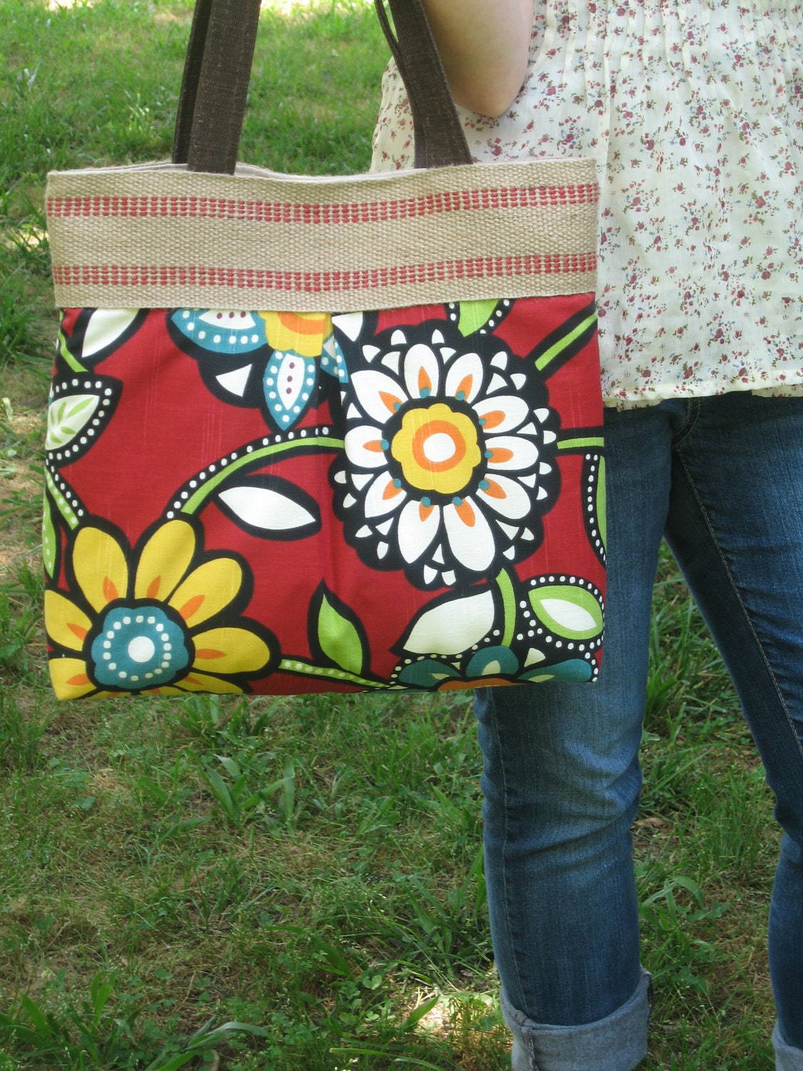 Red Floral A Line Pleated Handbag Purse Tote Bag with Red Jute Webbing