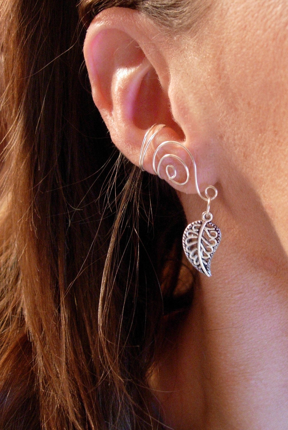 Pair of Silver Plated Ear Cuffs with Antiqued Silver Leaf Accent Beads