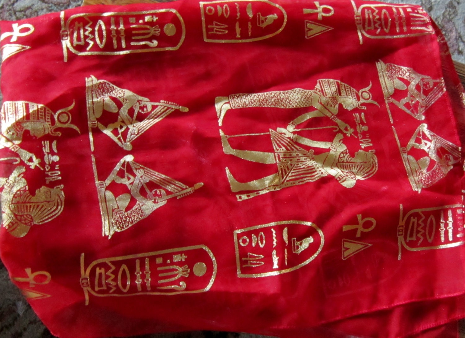Vintage Red Gold Egyptian Over-Head Scarf (osfm)