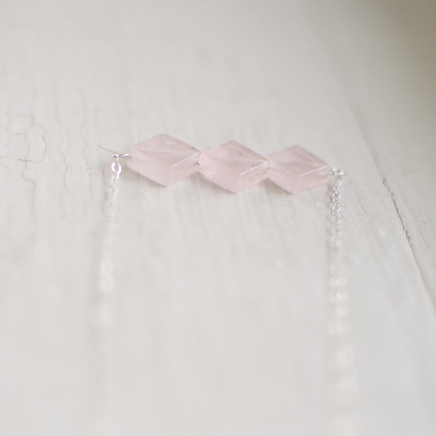 rose quartz square necklace - delicate sterling silver chain - geometric jewelry - checker