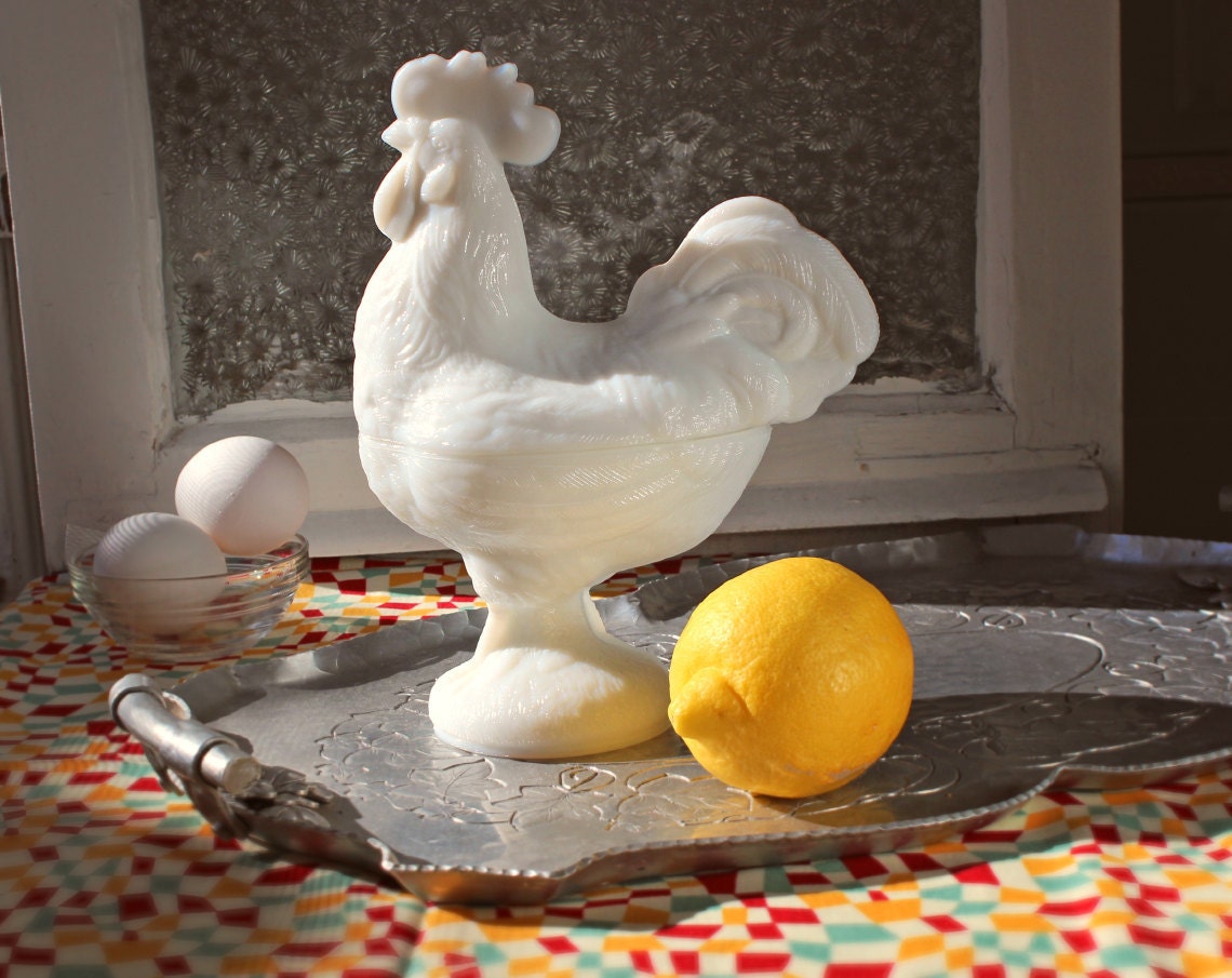 Westmoreland Glass Rooster Dish, White Milk Glass