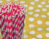 Paper Straws - 50 Bright Pink and White Stripe, Hot Pink Paper Straws, Valentine's Day Il_170x135
