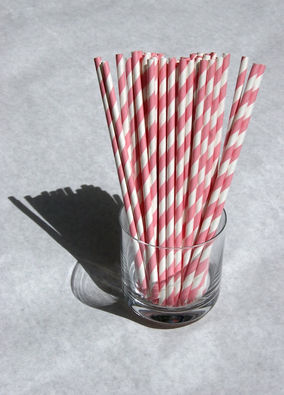 Paper Straws -100 Light Pink and White Stripe Paper Straws Il_570xn