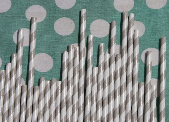 Paper Straws - 100 Count - Grey and White Striped Il_570xn