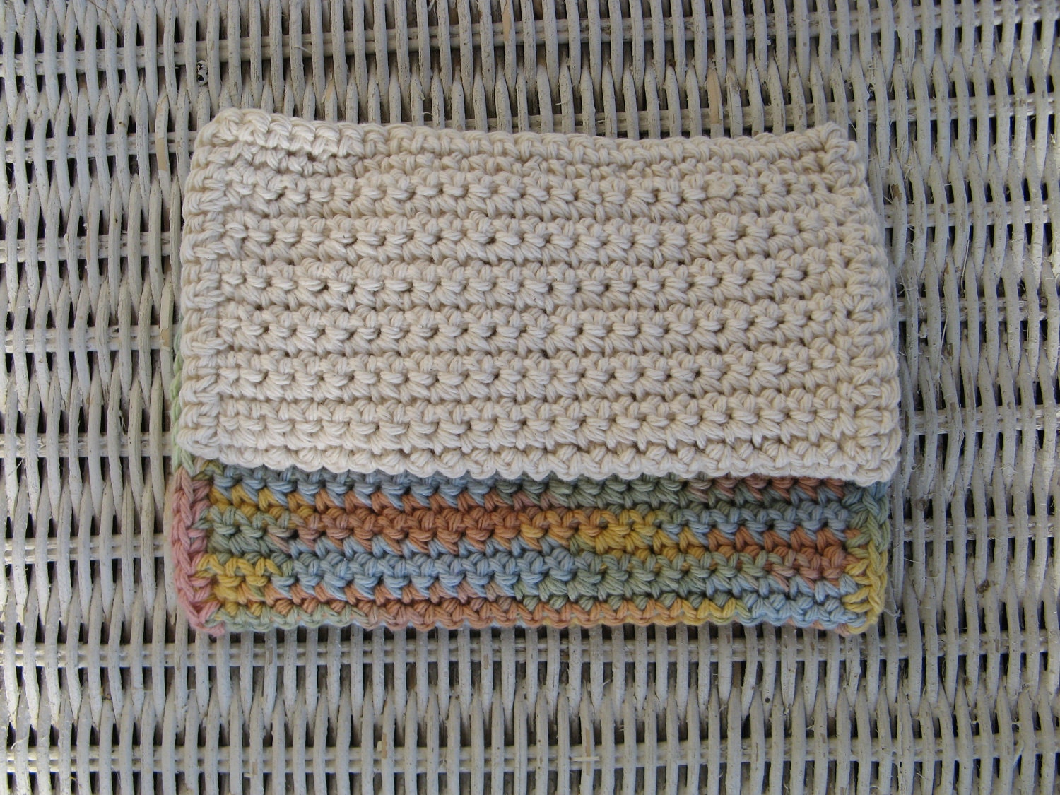 Two Hand Crochet Cotton Washcloths - Variegated Butterscotch and Oatmeal