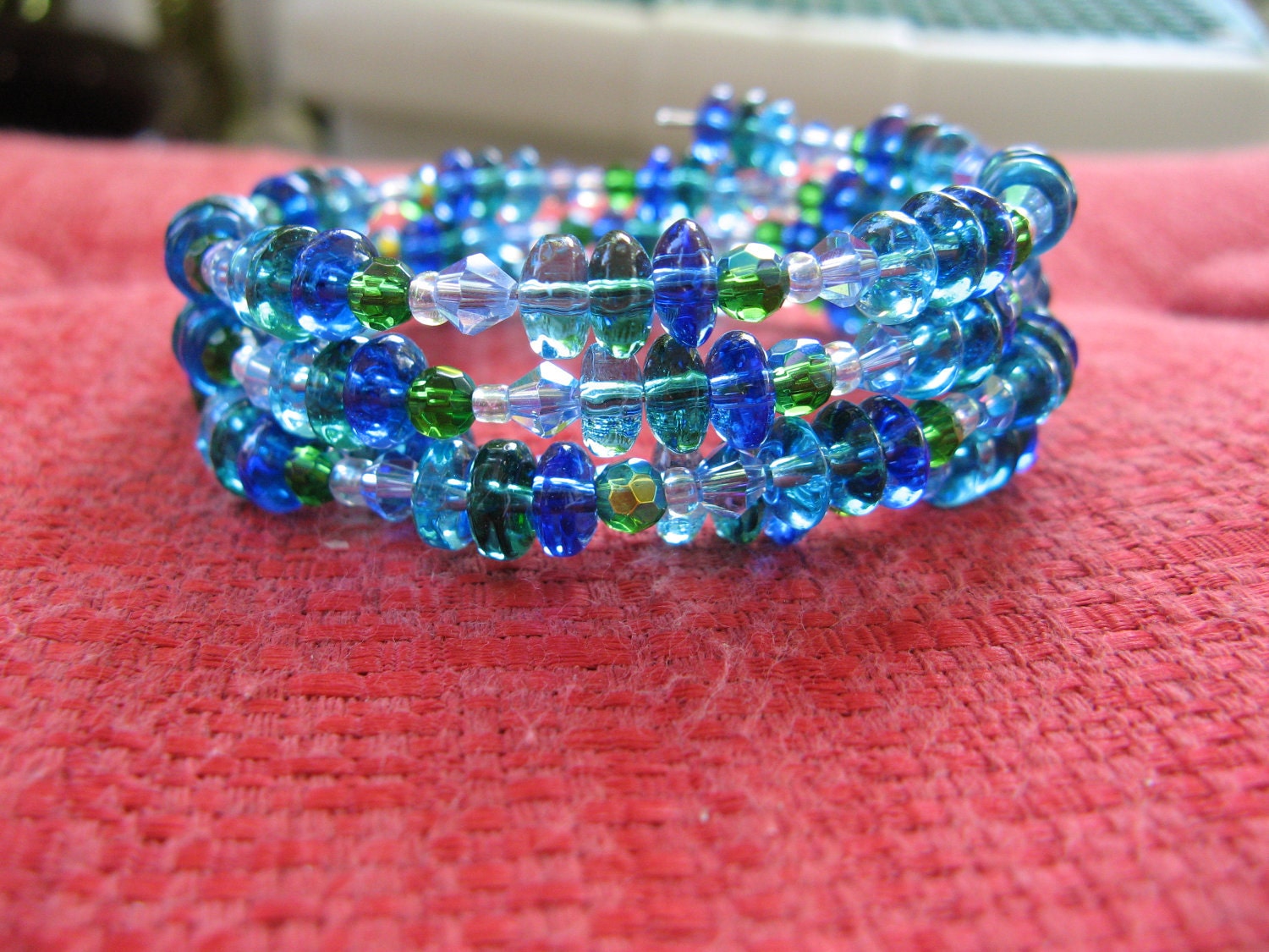 Beaded Wrap Bracelet in Sea Blue and Green on Memory Wire -Austrian and AB Glass Beads