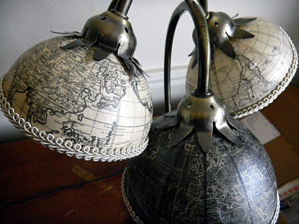 The Gaia Lamp--Brass Lillypad vase with French Globes as Shades