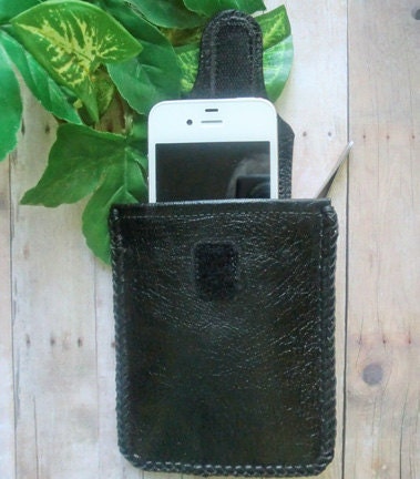 All leather black fancy hand stitched iPhone Smartphone iPod purse strap case E10