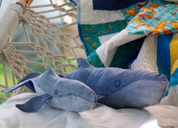 Realistic Humpback whale Mama & Baby, handmade plush whales created out of repurposed vintage denim