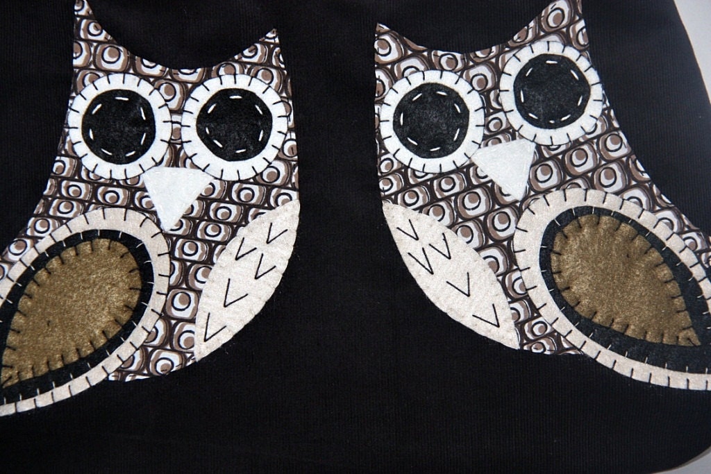 owl purse/ twin owls applique large shoulder bag / black hobo bag /large purse from black corduroy