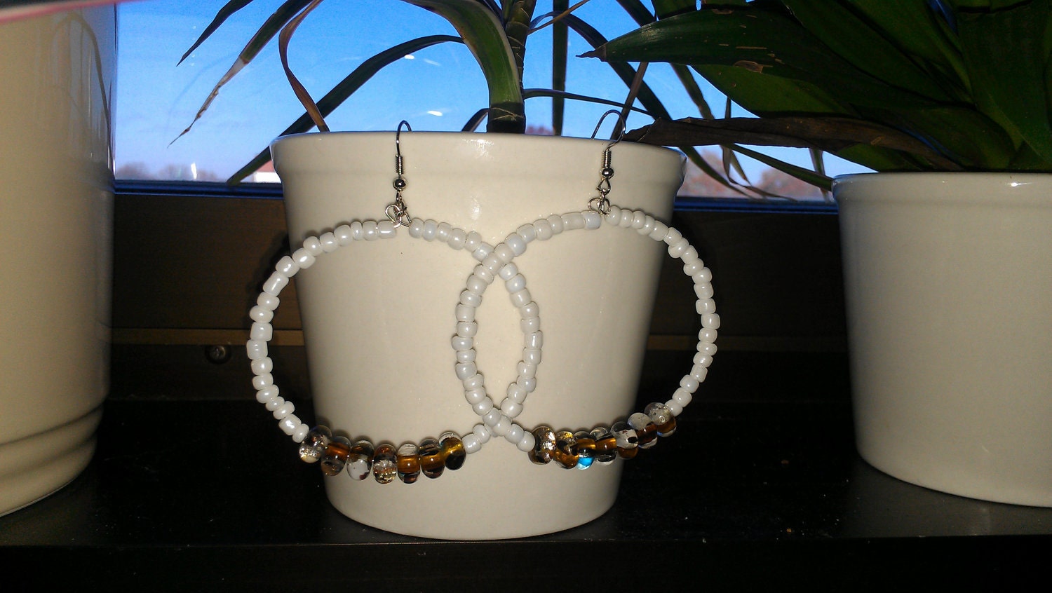 Pearly White Beaded Hoop Earrings with Glass Swirl Beads: "Light As Air"