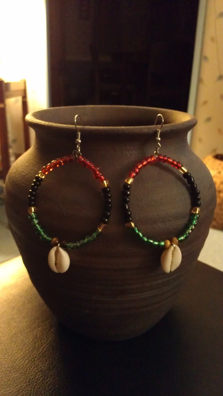Red, Black, Green, Yellow, and Tiger Eye Beaded Hoop Earrings with Cowrie Shells : "Pride"