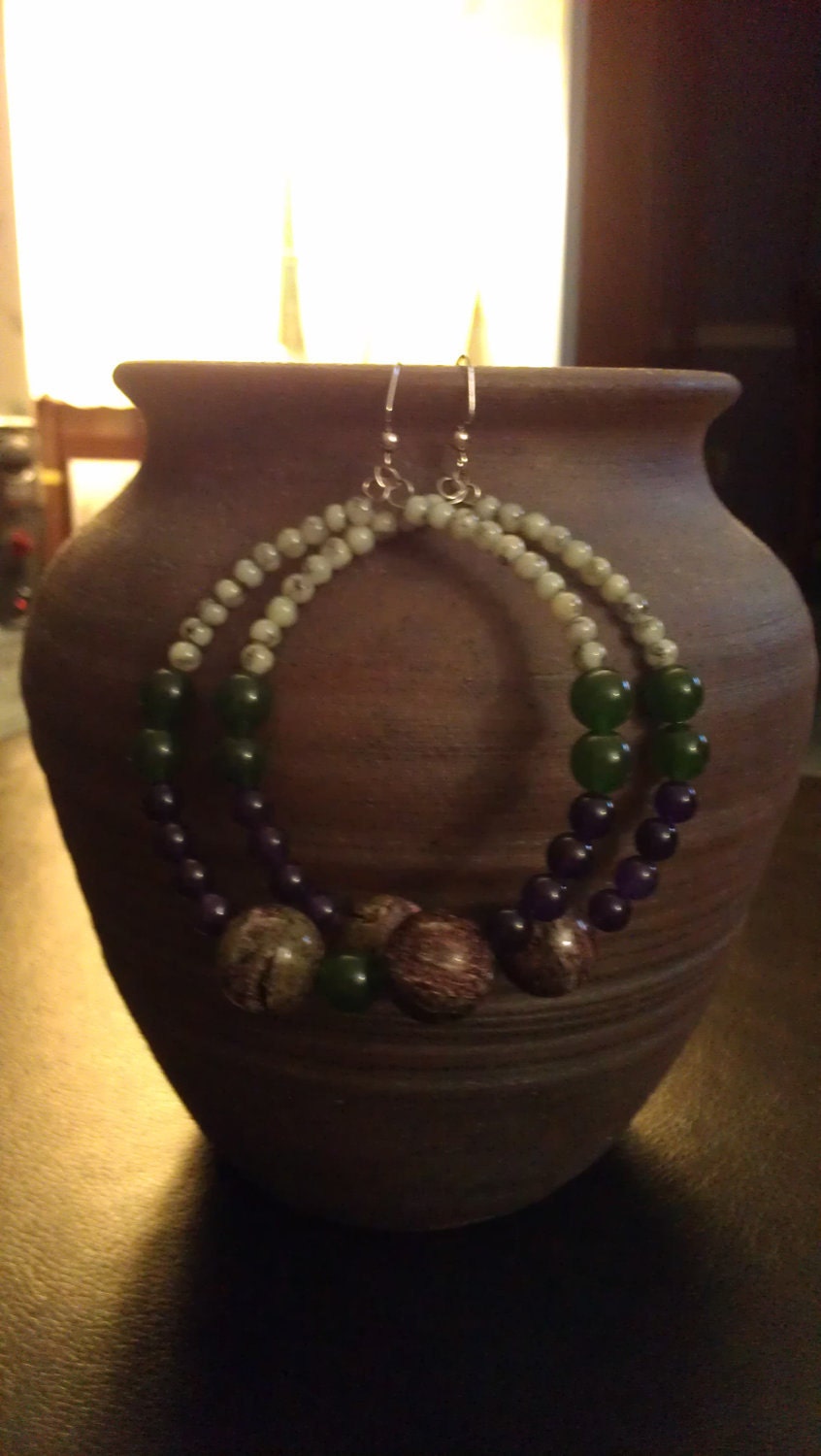 Ceramic and Glass Beaded Hoop Earrings with Purple, Green, and Multi Beads: "Bowl of Grapes"