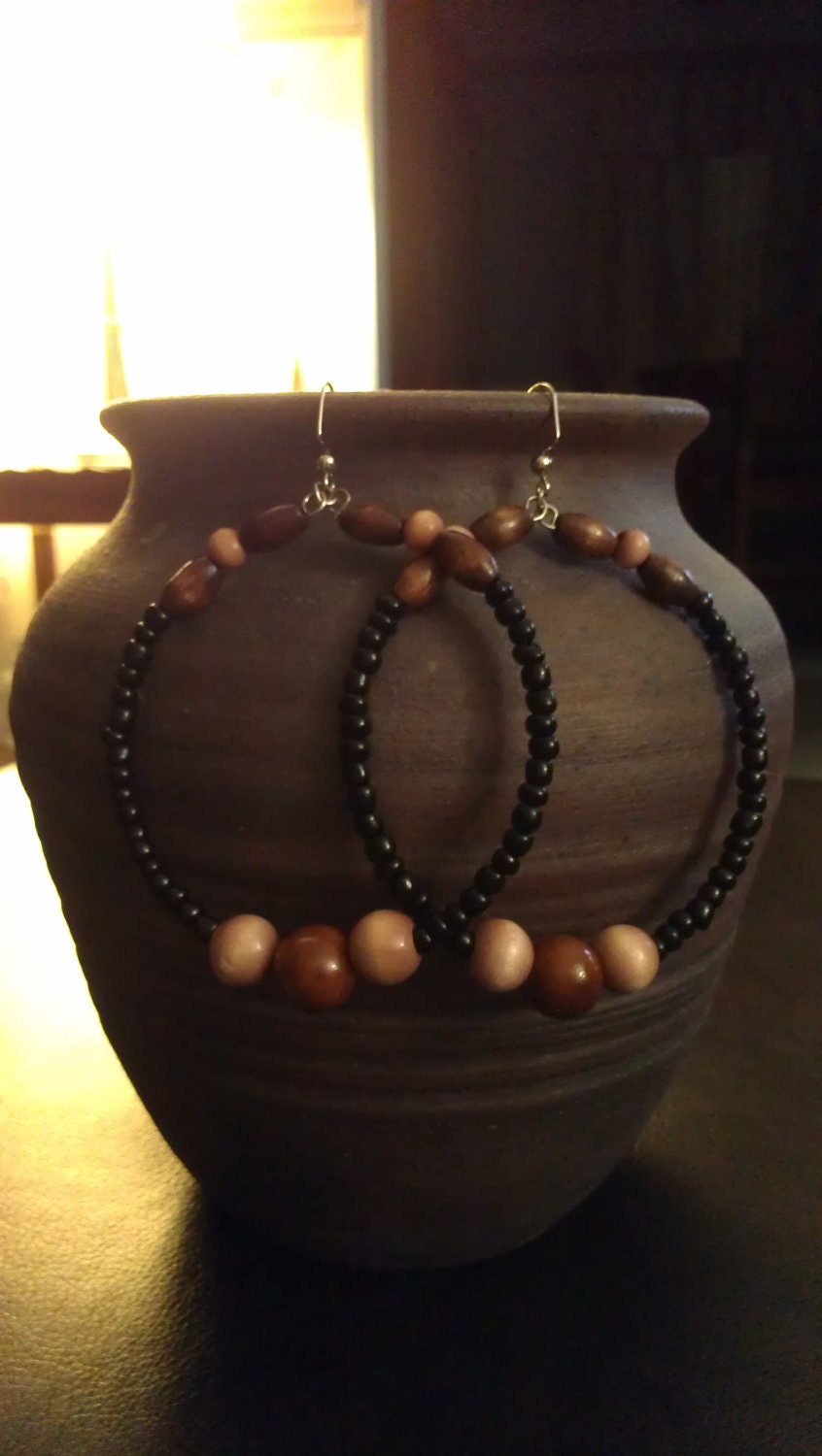 Black and Brown Beaded Hoop Earrings with Wooden and Glass Beads