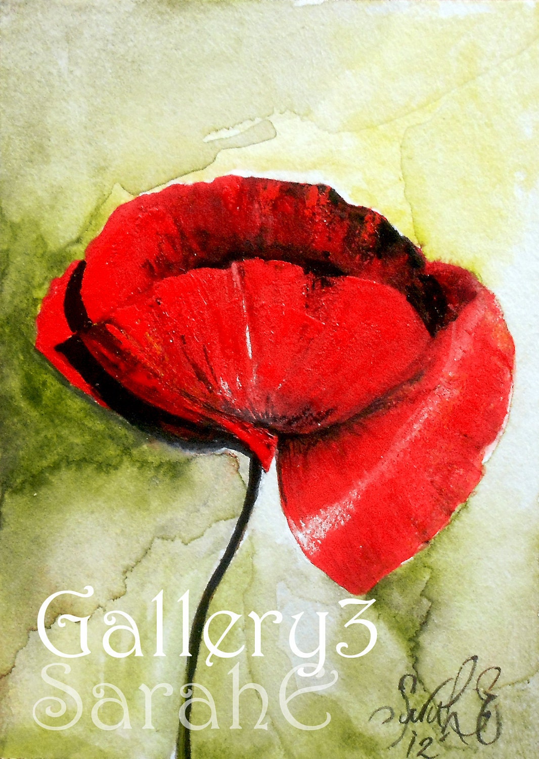 Original Red Flanders poppy watercolour Painting PRINT on an ACEO trading card ARTIST Sarah E