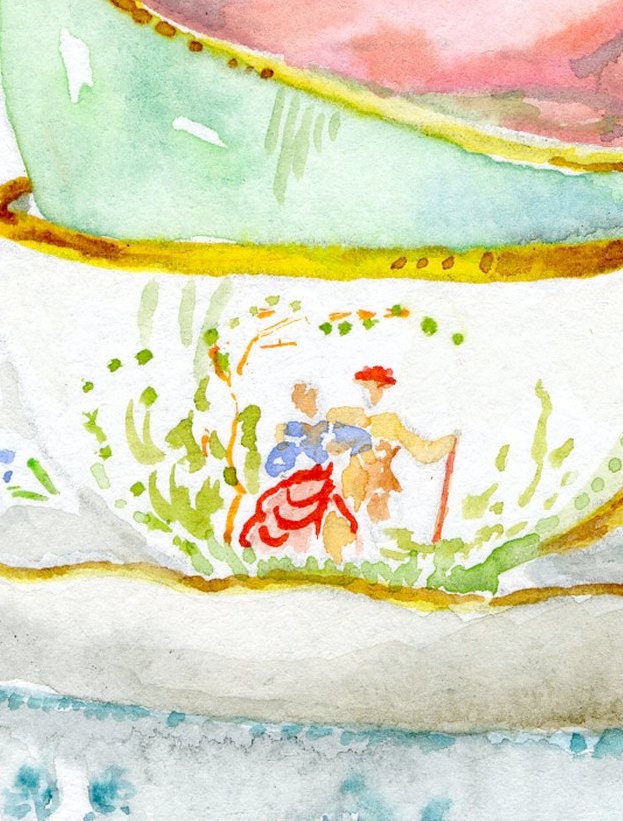 Still Life Kitchen Decor Art Print of Original Watercolor Painting -- Teacups