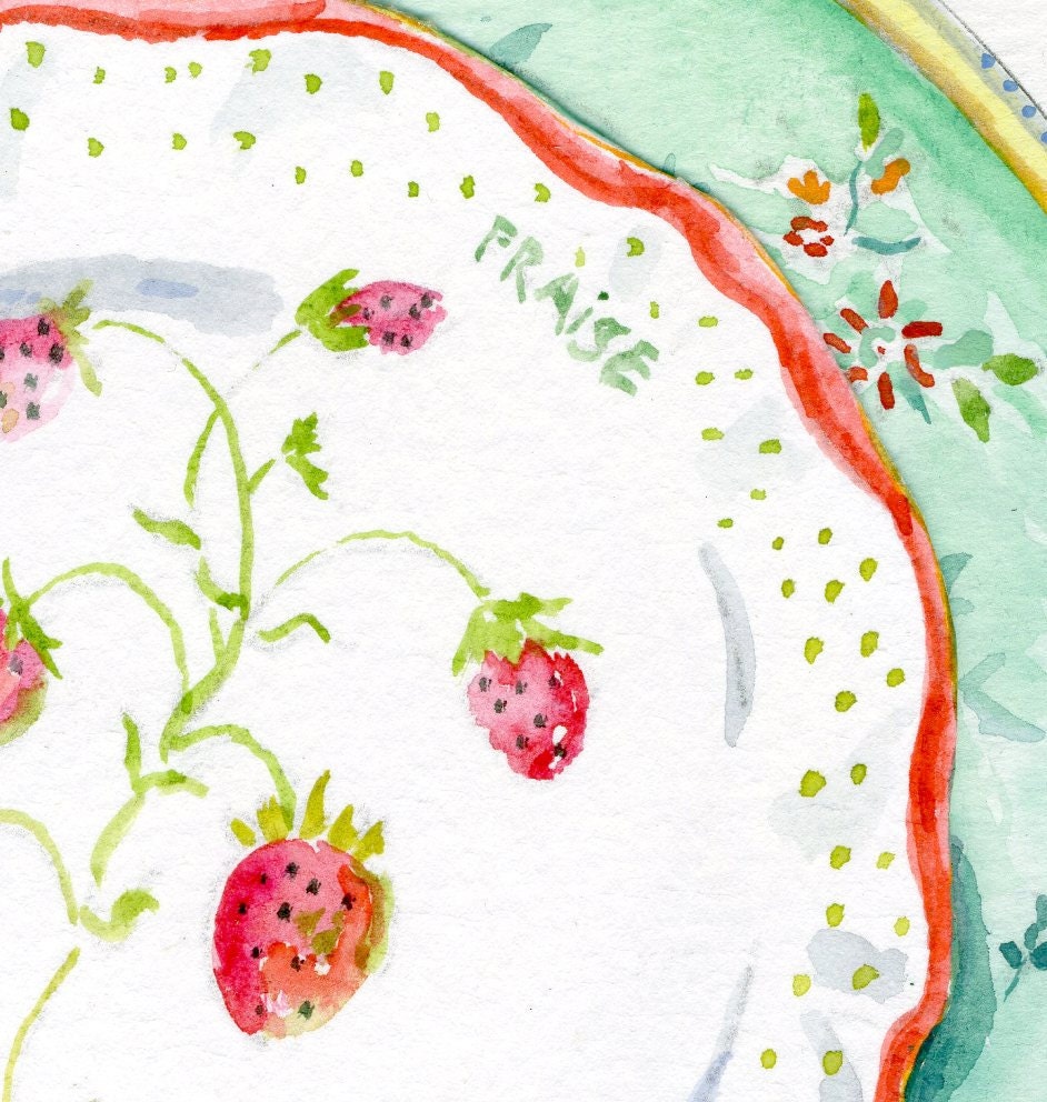 Still Life Kitchen Decor of Original Watercolor Painting -- Vintage Plates -- Fraise