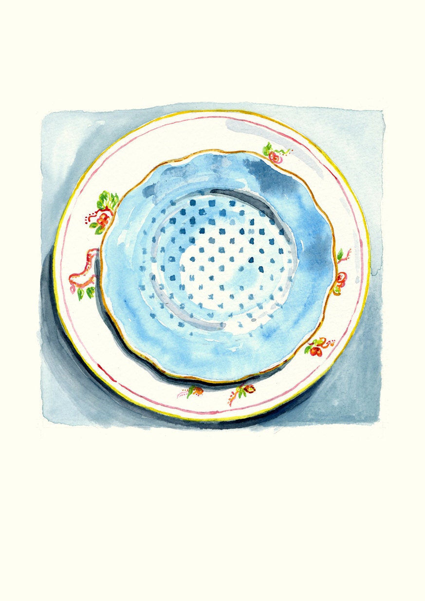 Still Life Kitchen Decor of Original Watercolor Painting -- Vintage Plates 3