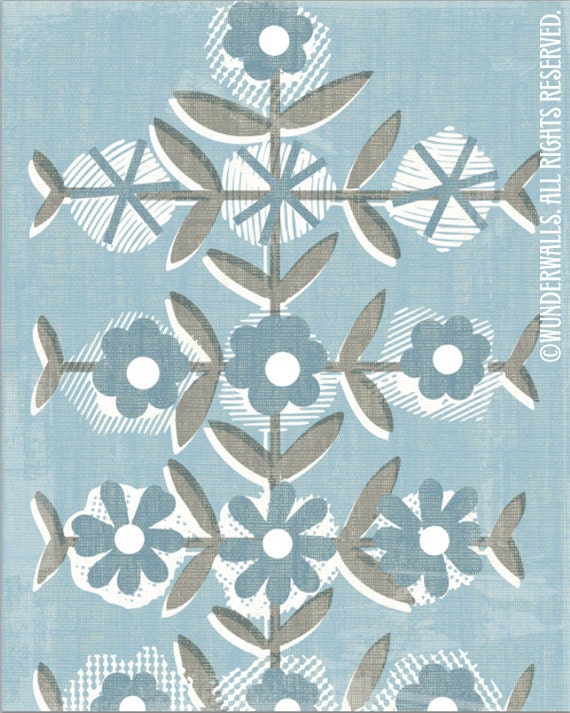 Flowers Folk Floral Blue Warm Gray Linen High-Quality, Archival Print 8" x 10" Print Series: Blue
