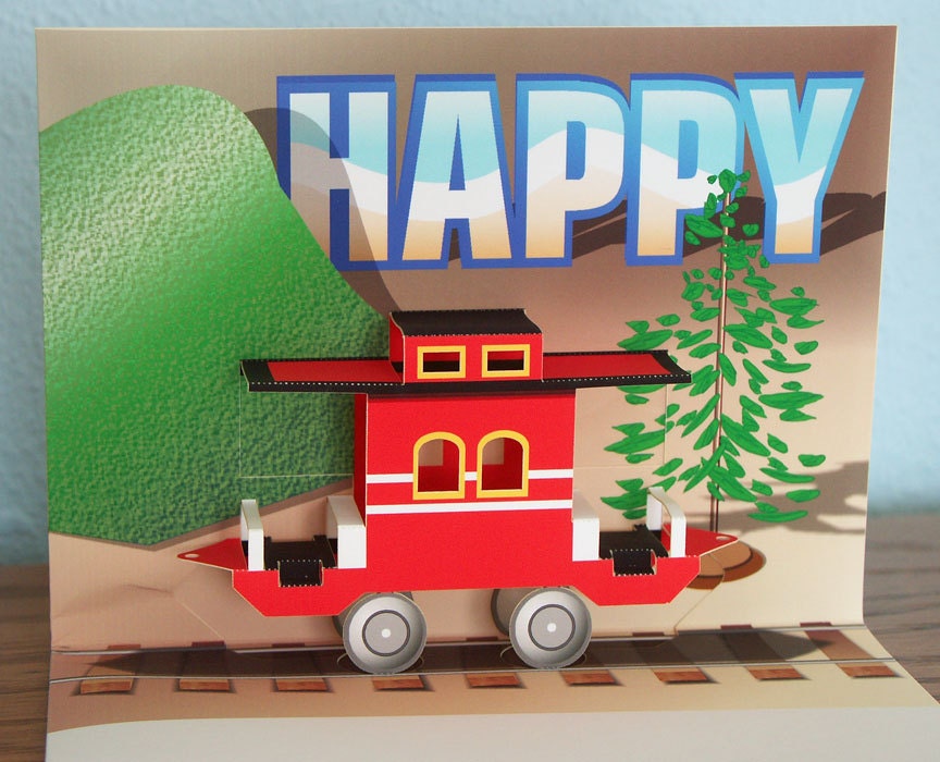Pop-up Birthday Card Red Train Caboose