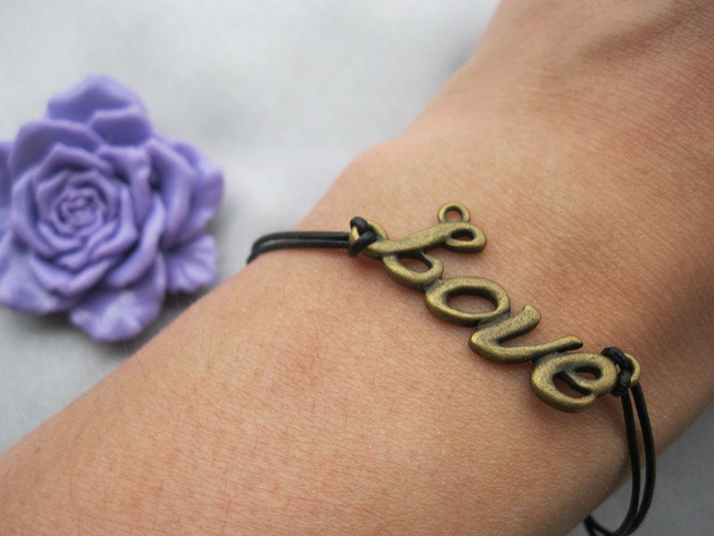 bracelet---antique bronze love, real leather bracelet---Z209