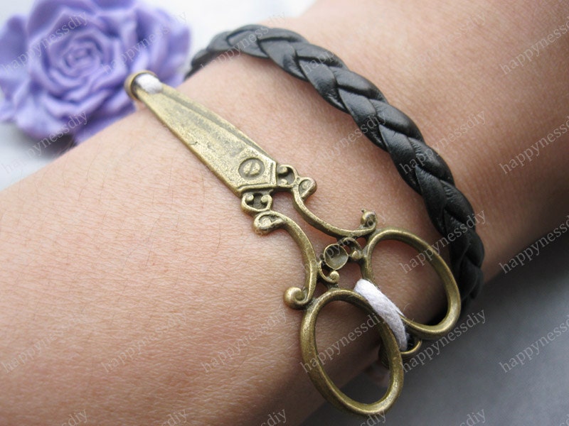 bracelet---antique bronze scissors bracelet,scissors bracelet, scissors braid bracelet,black braid bracelet---Z250