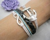 bracelet---antique silver anchor bracelet,infinity bracelet,black braid bracelet---Z260