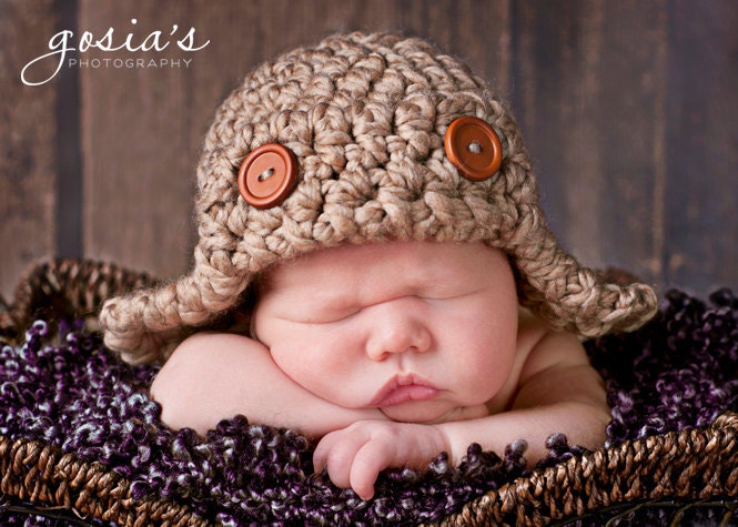 Newborn Boy Hat, Aviator Hat, Photo Prop, Boy Beanie, Infant Hat in Brown with Buttons.