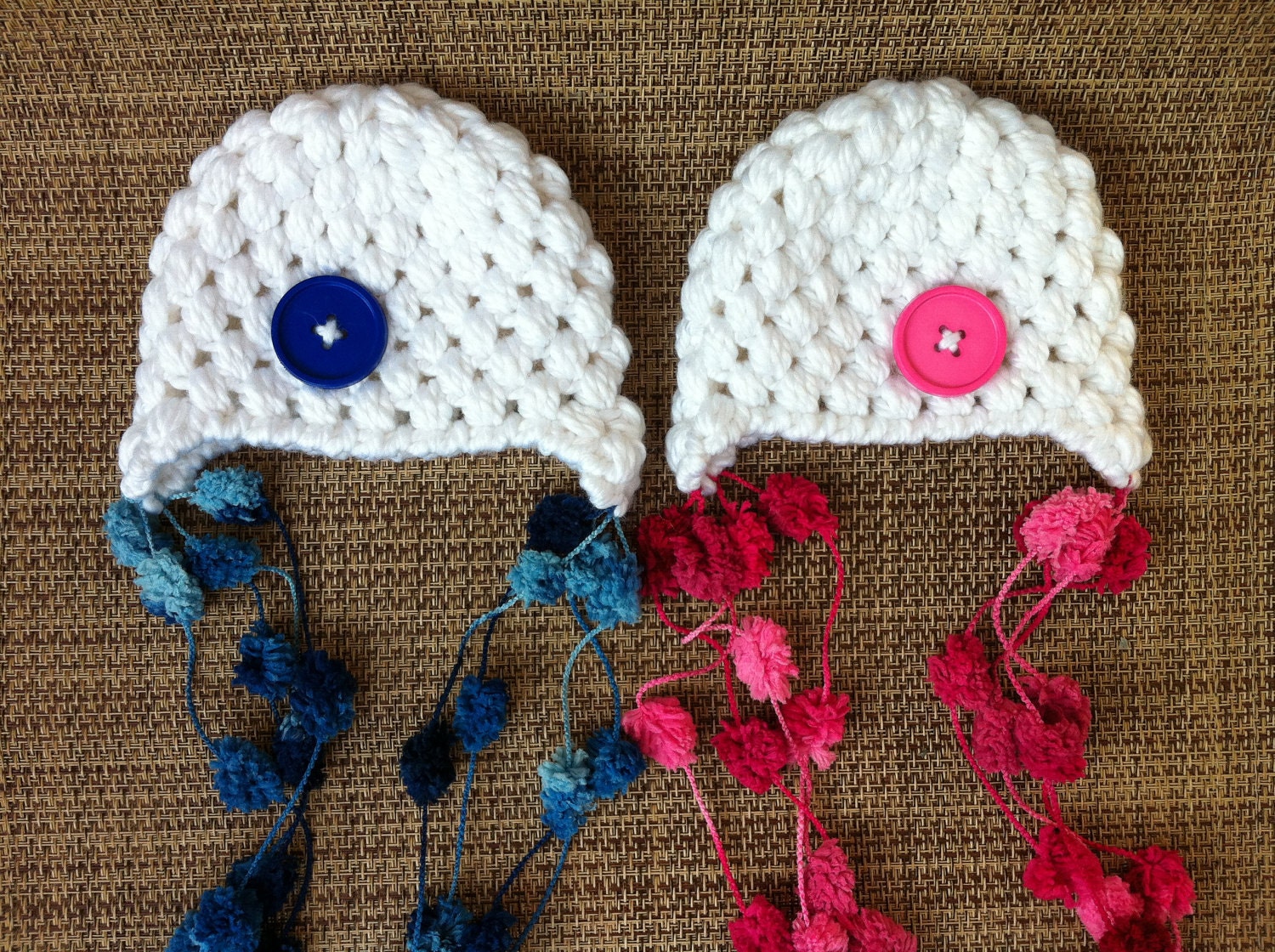 Newborn Twin Boy/Girl Hatsin White with Pom Poms, Photo Prop.