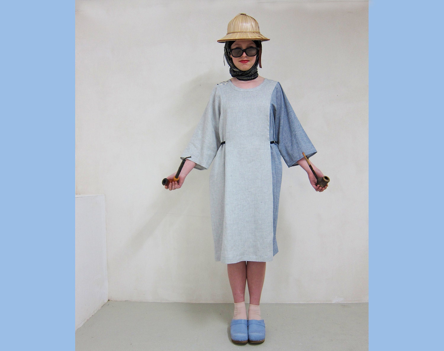 SALE Grey and blue asymmetric linen caftan with fabulous flower detail