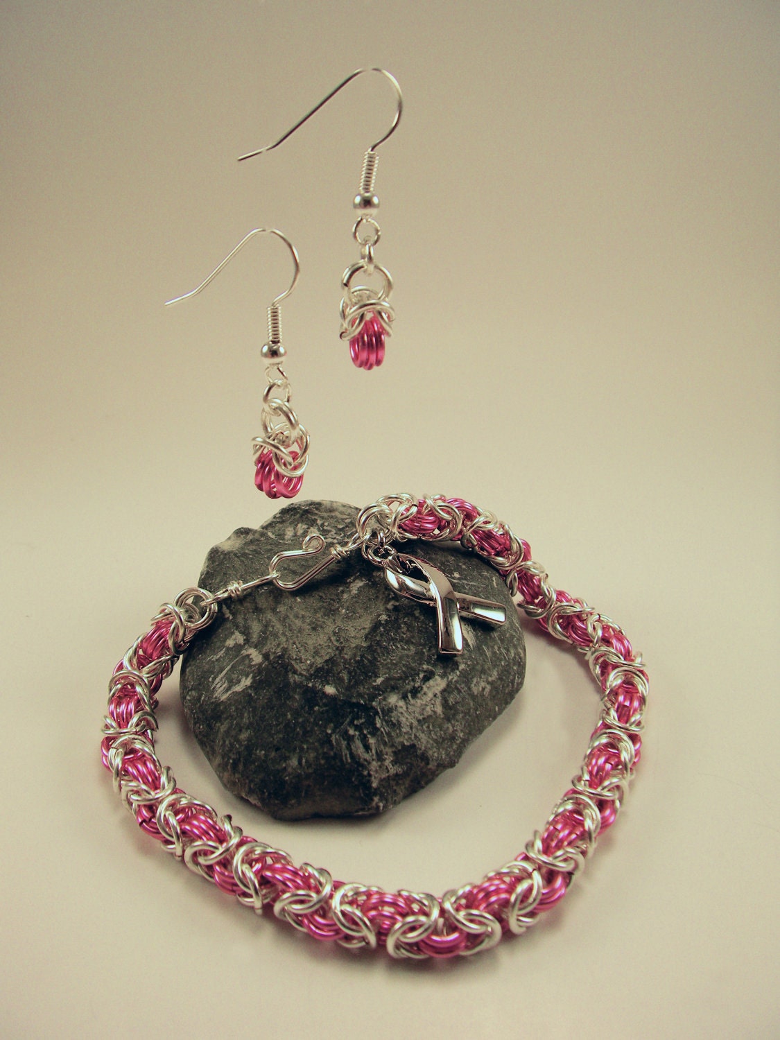 Cancer Awareness -- Byzantine Bracelet and Earrings -- Silver Plated