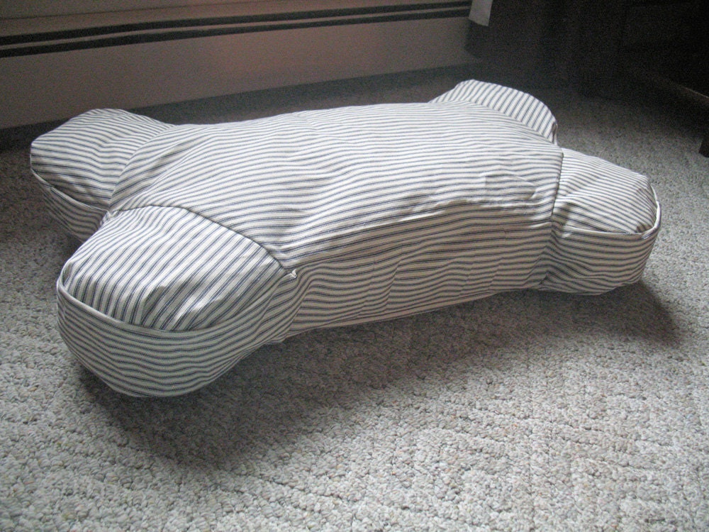 RESERVED FOR DEBBYSCALESNEUMAN Bone Shaped Dog Bed- Blue and White Ticking Pattern