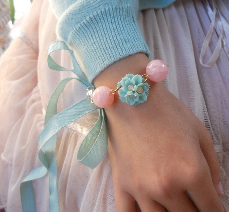 Children's Bracelet or Necklace Pink and Aqua Blue Flower Vintage Ribbon Bracelet