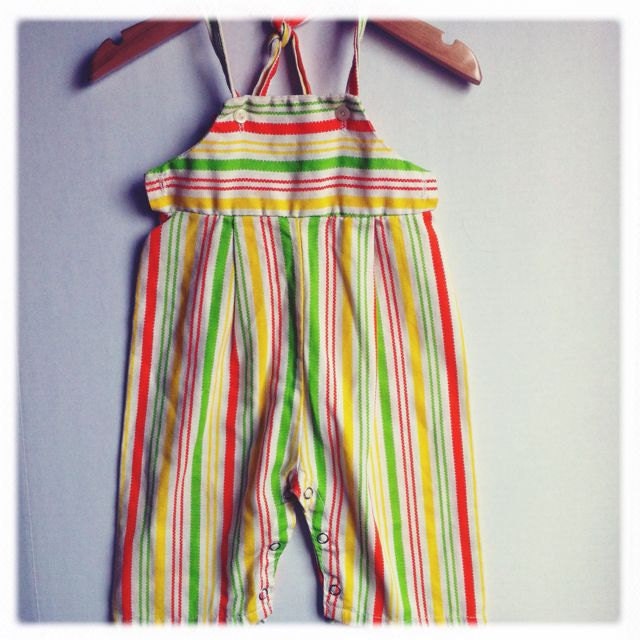 Vintage Striped Cream Yellow Green and Orange Linen Overalls handmade boy girl toddler baby summer children clothing bright retro 