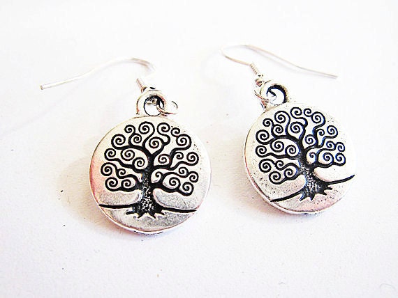 Tree of life earrings, silver tree branches earrings, tree of life leaves earrings, spiral branches earrings, dangle metal charm earrings