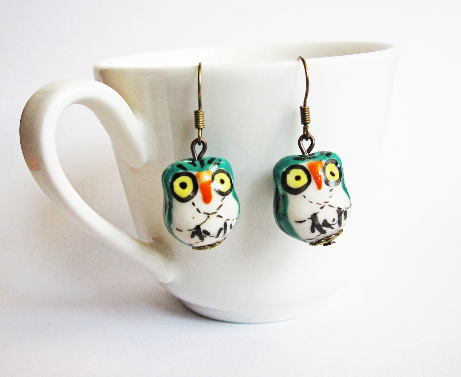 Porcelain Owl Earrings, Dangle Owl Earrings, Beaded Owl Earrings, Brass Owl Earrings, Cute Miniature Owl Jewelry Earrings, Light Blue Owls