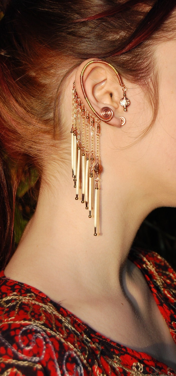 Tribal Ear Wrap with Porcupine Quill Dangles--Single--No Piercings Necessary