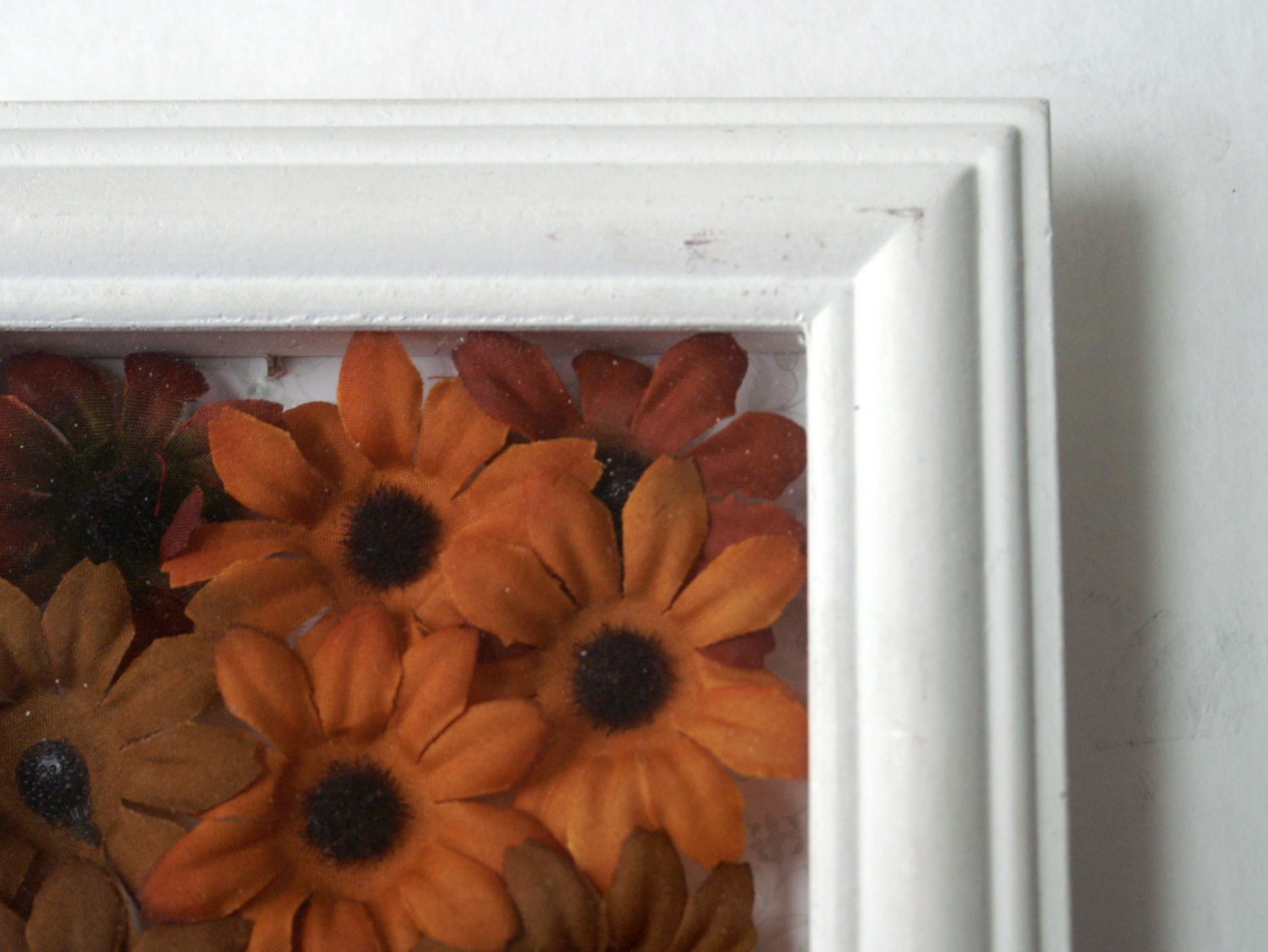 Flower Shadowbox, Small White Wooden Shadowbox with Fabric Daisies