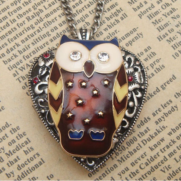 Steampunk Brown Owl Heart Locket Necklace Vintage Style Original Design