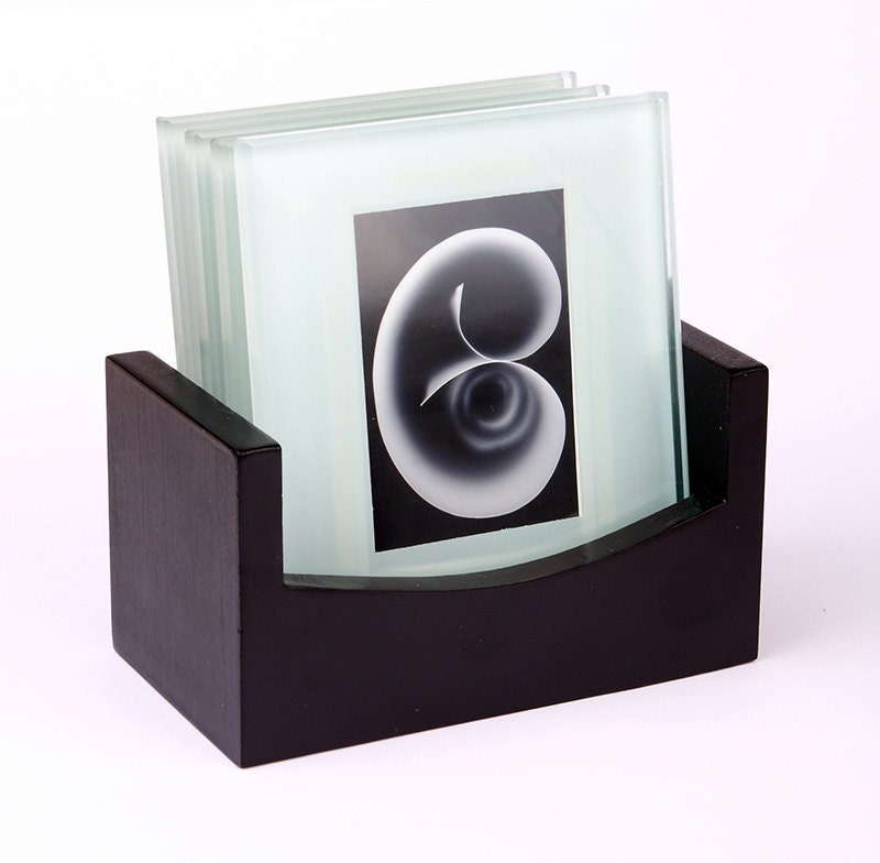 Set of 4 glass coasters with art photo prints, abstract black and white, artistic photography, with dark elegant wood holder