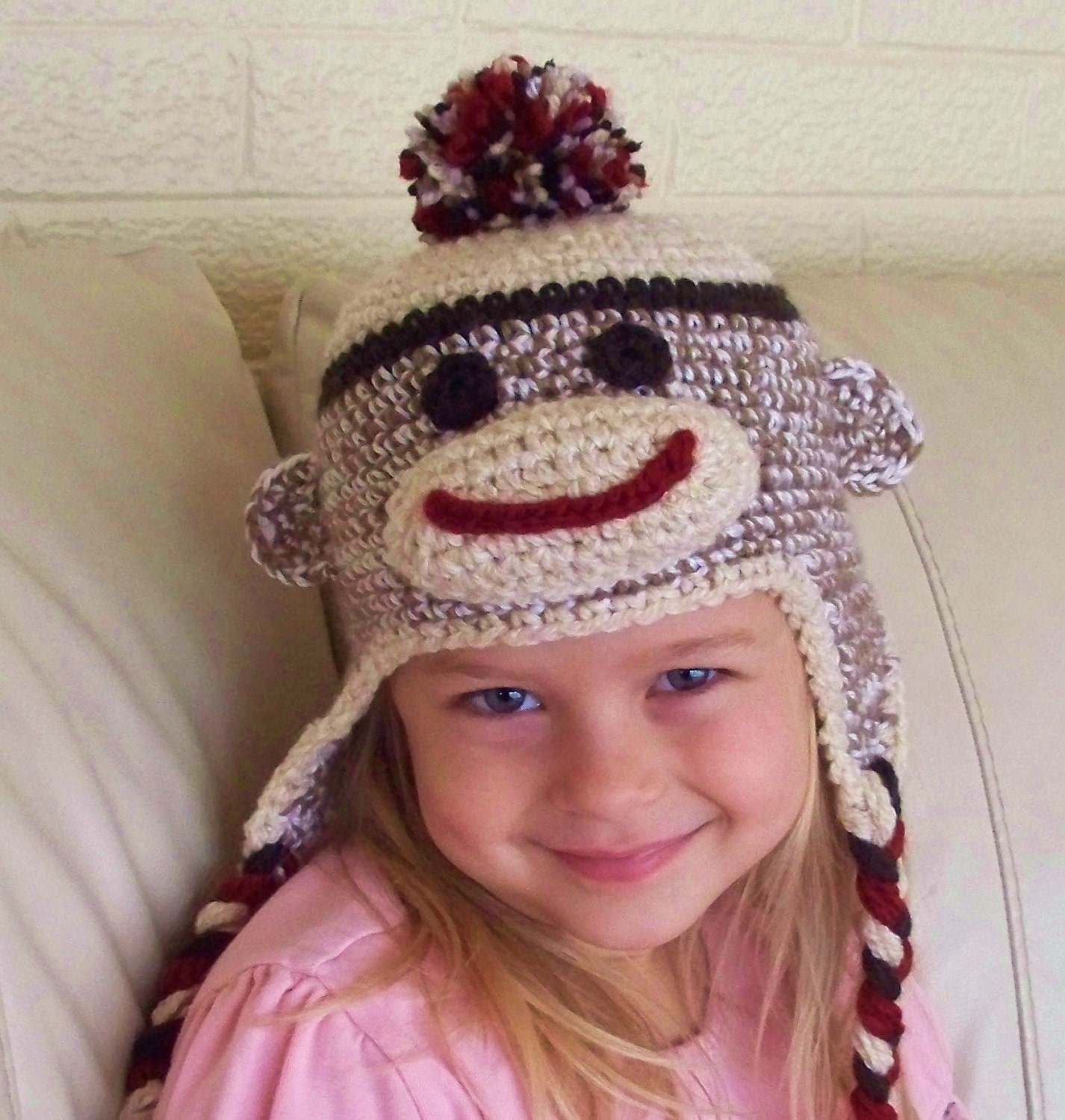 Brown sock monkey  Hat for baby size 6-12 months pattern PDF