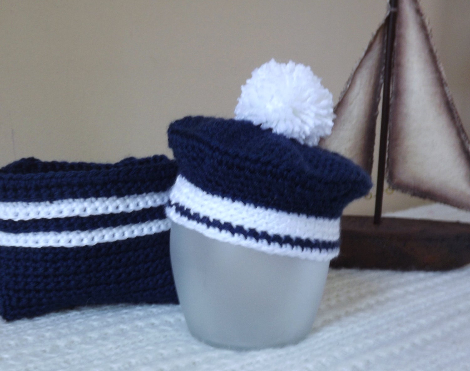 PHOTO PROP newborn SAILOR navy blue and white hat 0-3 m with diaper cover set