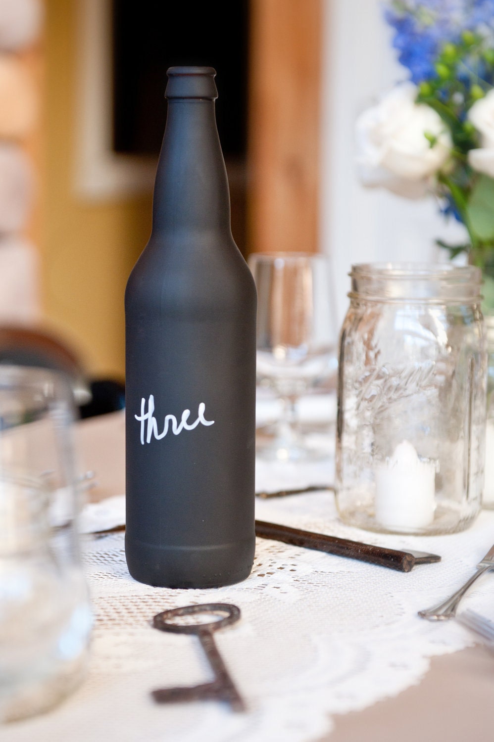 Chalkboard Table Number Bottles or Centerpieces - Beer BOMBER or WINE bottle Size Made To Order