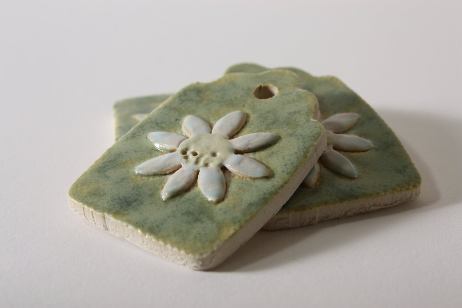 handmade porcelain gift tags with daisy flower motif, grass green, butter yellow - SET OF 3