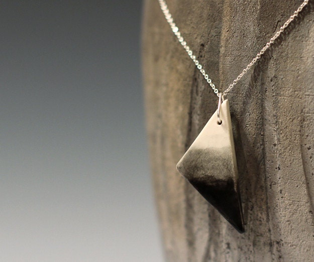 Glossy "India Ink" Black and White Ceramic Triangle Pendant Necklace on 18 inch long Sterling Silver Chain, Pottery ready to ship gift