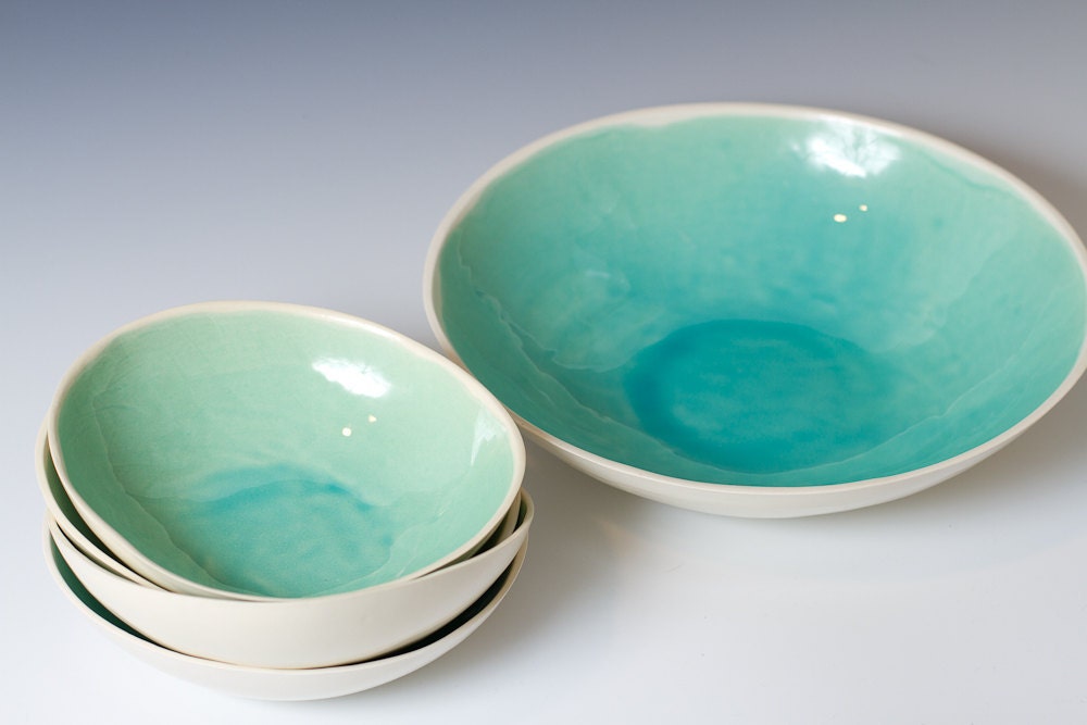 Large Turquoise and White Ceramic Bread Bowl 9 3/4 inches - great gift for bakers for rising bread