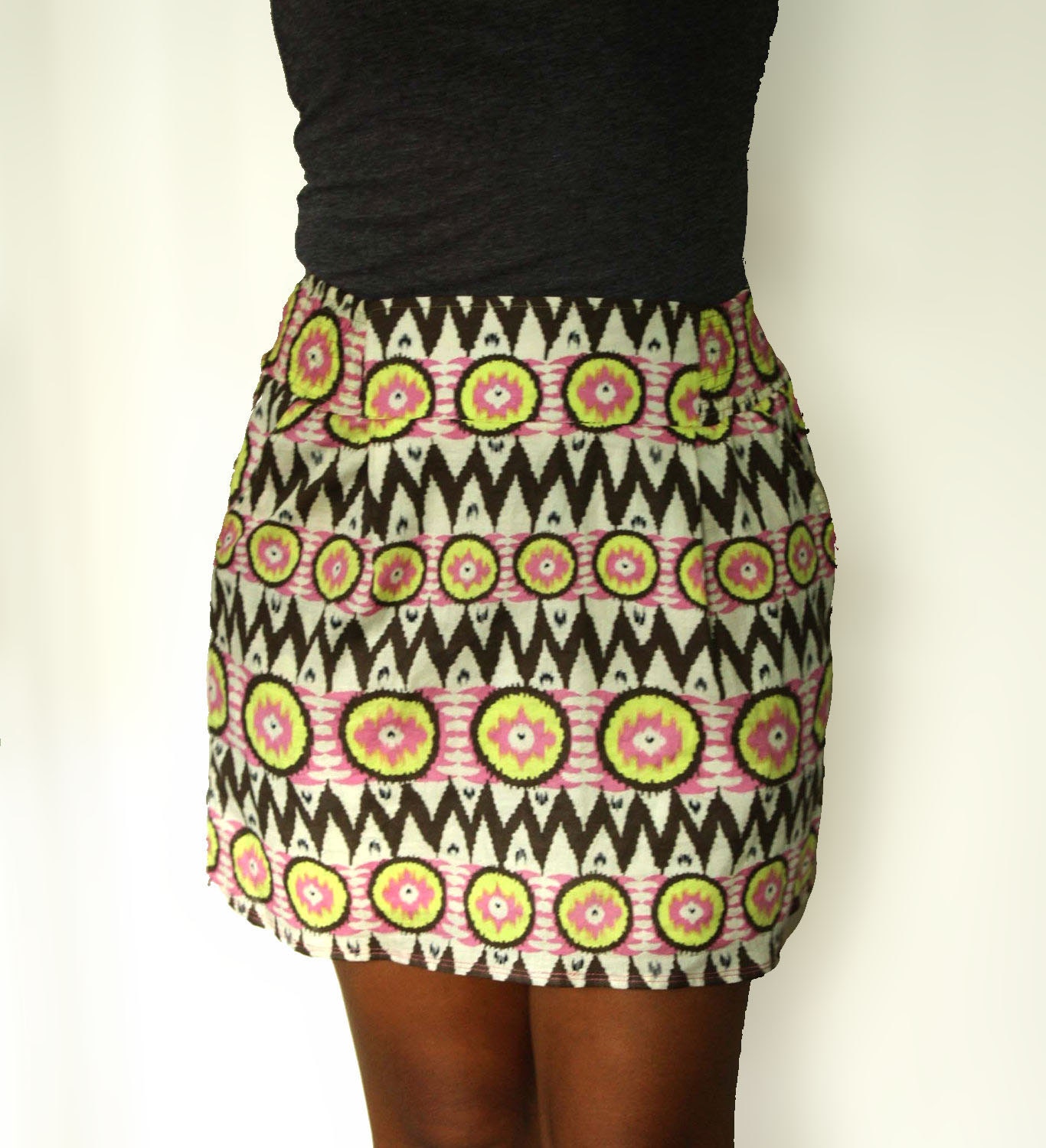 OOAK Yellow Skirt / Pink and Yellow Chevron Brown Tribal Mini Skirt with Two Pockets