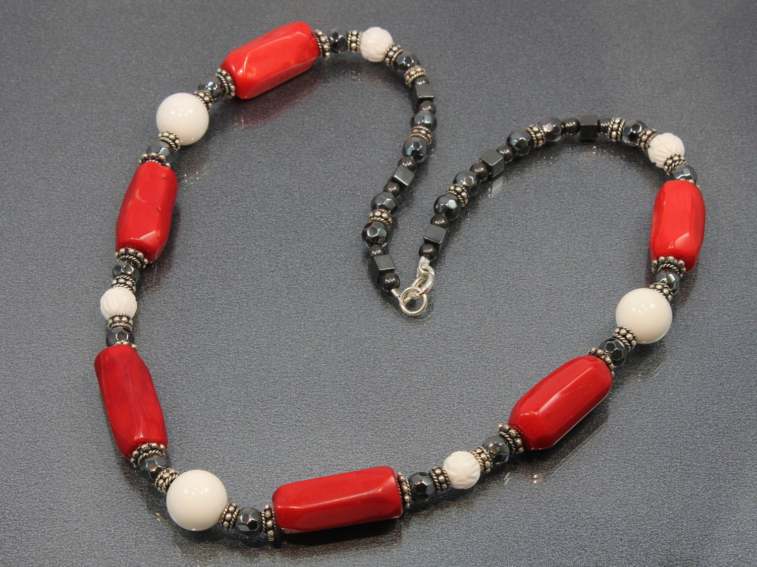 Red Bamboo Coral, White Seashell, Hematite, Silver-plated, Necklace